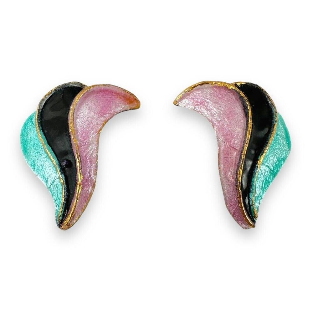 Vintage 80’s Resin Pearlescent Pink Turquoise Black Gold Metallic Clip Earrings
